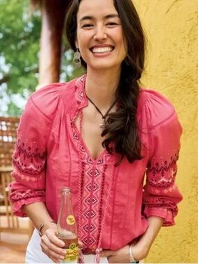 Sundance Embroidered Totora Peasant Blouse Pink Medium